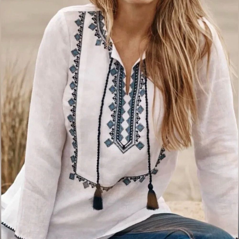 J Jill Love Linen Tunic Top Embroidered White Navy Size XL Coastal Boho
